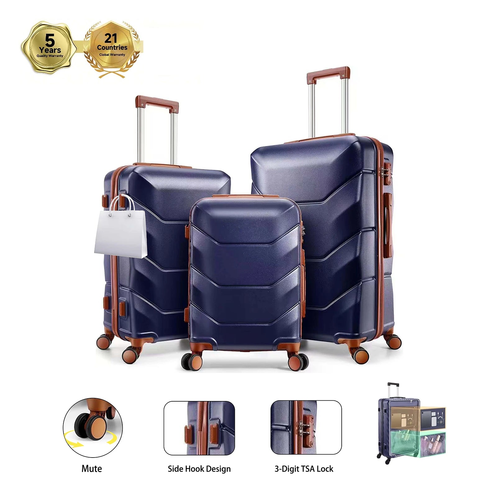 3pcs Luggage Set ABS Hardshell Suitcase With Spinner Wheel TSA Lock Side Hook Carry On Luggage For Business Trip 20/24/28 Inch