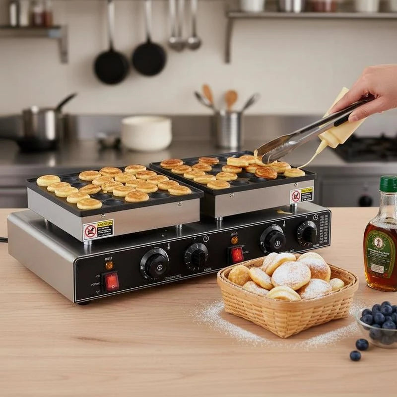Mini Dutch Pancake Machine 50PCS For Kitchen Restaurant Dessert, Non-stick Dorayaki Baker 1800W Double Temperature Time Control Commercial Poffertjes Grill Pan 21.3x11.4x6.5 Inches Black Silver Professional Baking Equipment