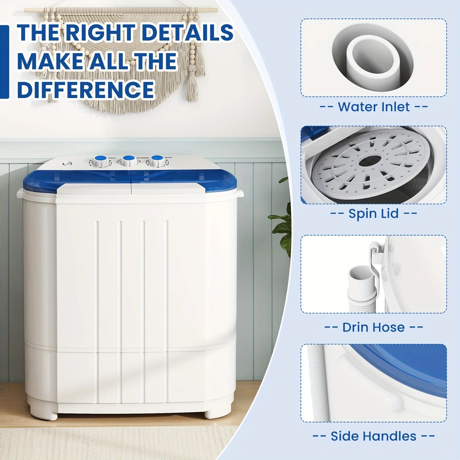 14.5Lbs Portable Washing Machine, Mini Twin Tub Laundry Washer with Gravity Drain, Time Control, Semi-Automatic 9.5Lbs Washer And 5Lbs Spin Dryer Combo for Apartments, Dorms, Rvs