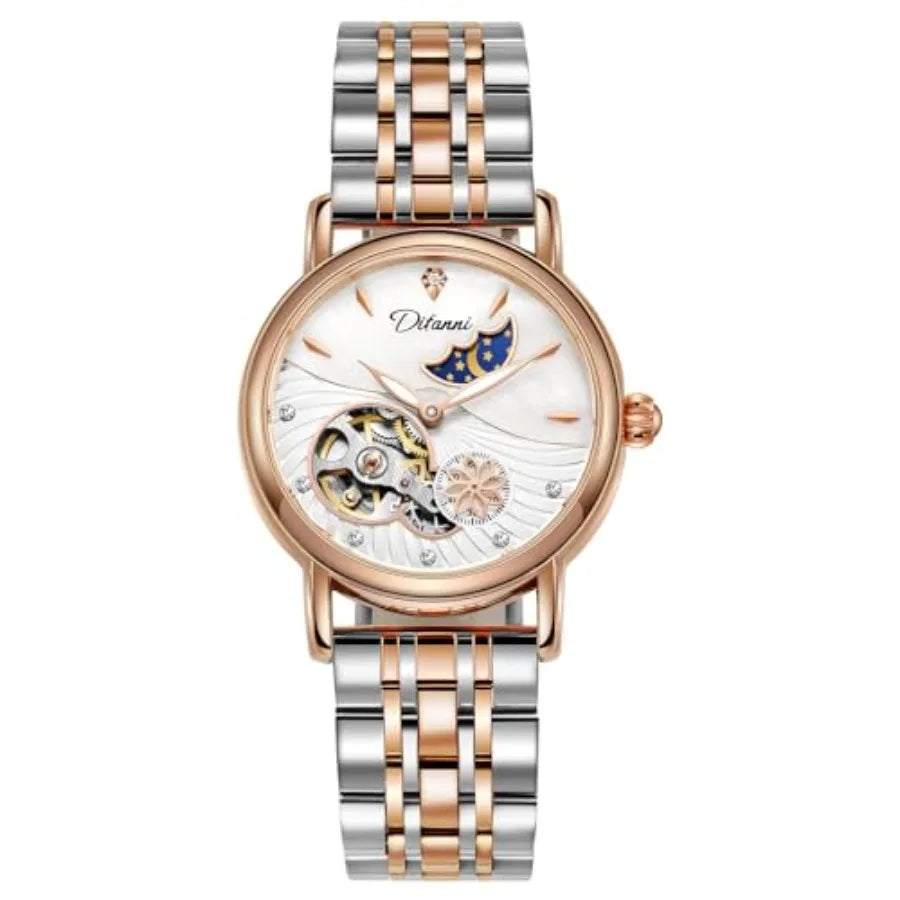 Womens Automatic Mechanical Stainless Steel Moonphase Watches Leather Strap Self-Winding Pearl Skeleton dial Waterproof Ladies