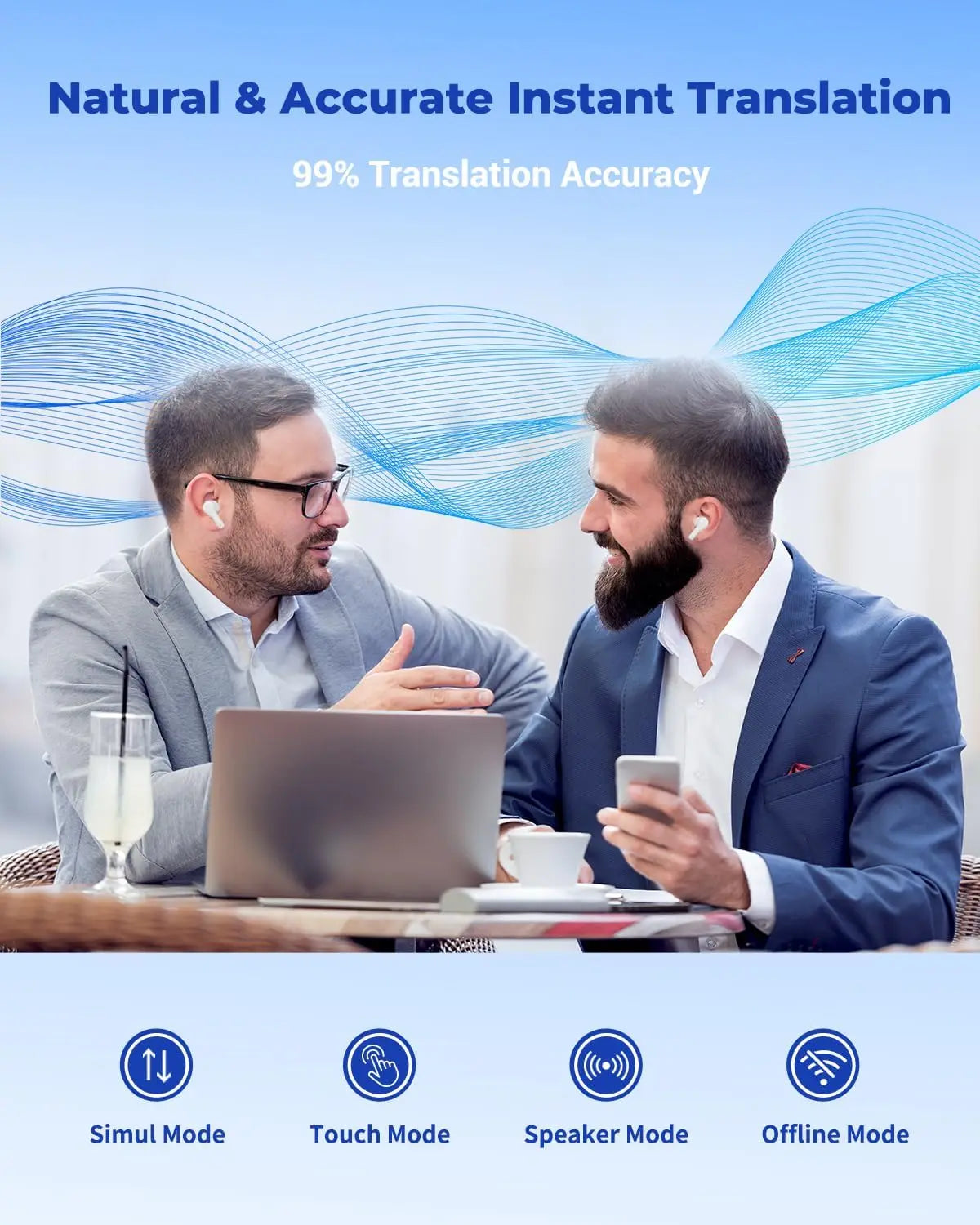 AI Translator Earbuds with Real-Time 144 Languages, 3-in-1 Device for Travel, Business & Learning in White