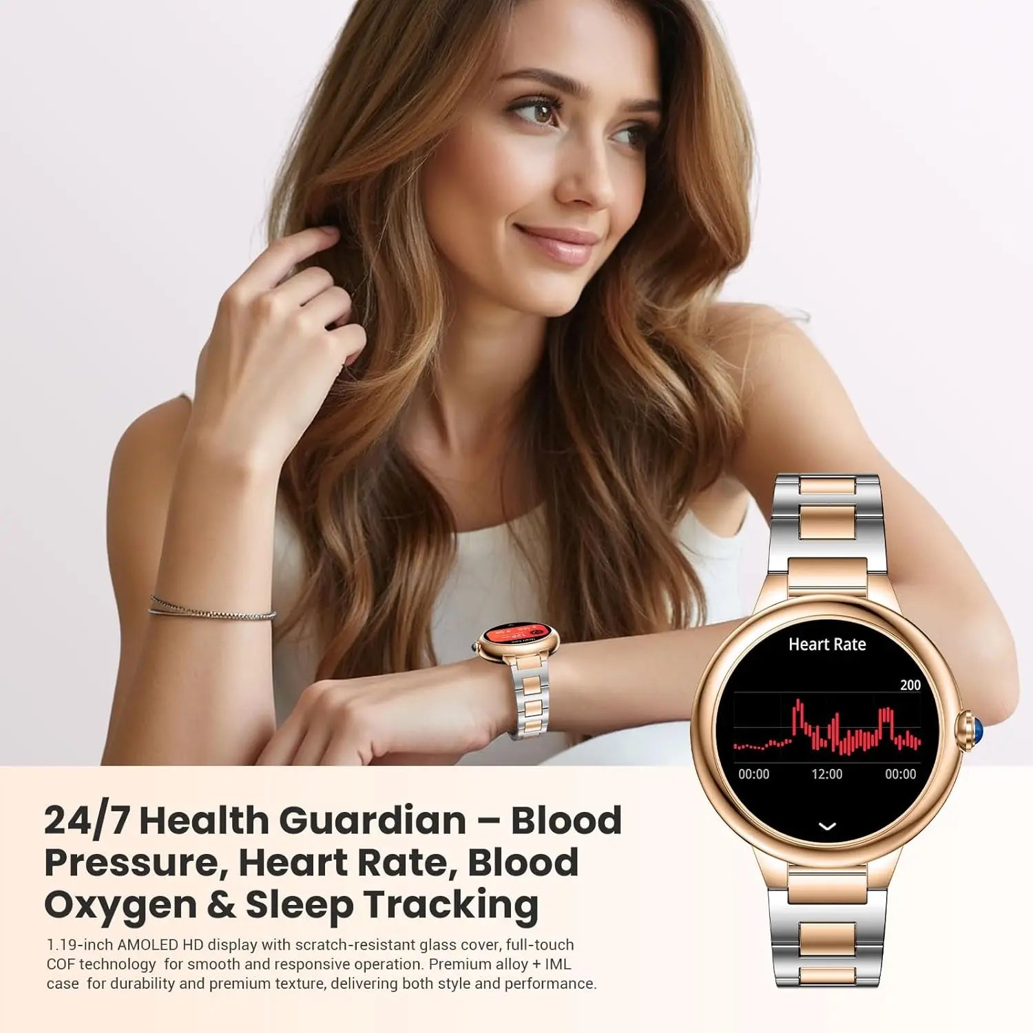 Luxury Smart Watch for Women, 1.19" AMOLED Display, Heart Rate & Sleep Monitor, 107 Sports Modes, iOS/Android Compatible