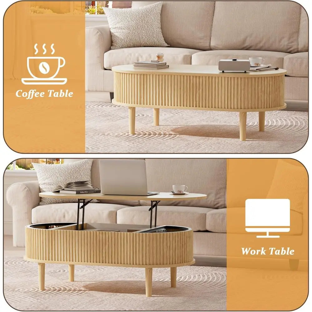 39 Inch Oval Storage Coffee Table with Hidden Compartment, Fully Assembled Wooden Center Table for Living Room or Office, Natura
