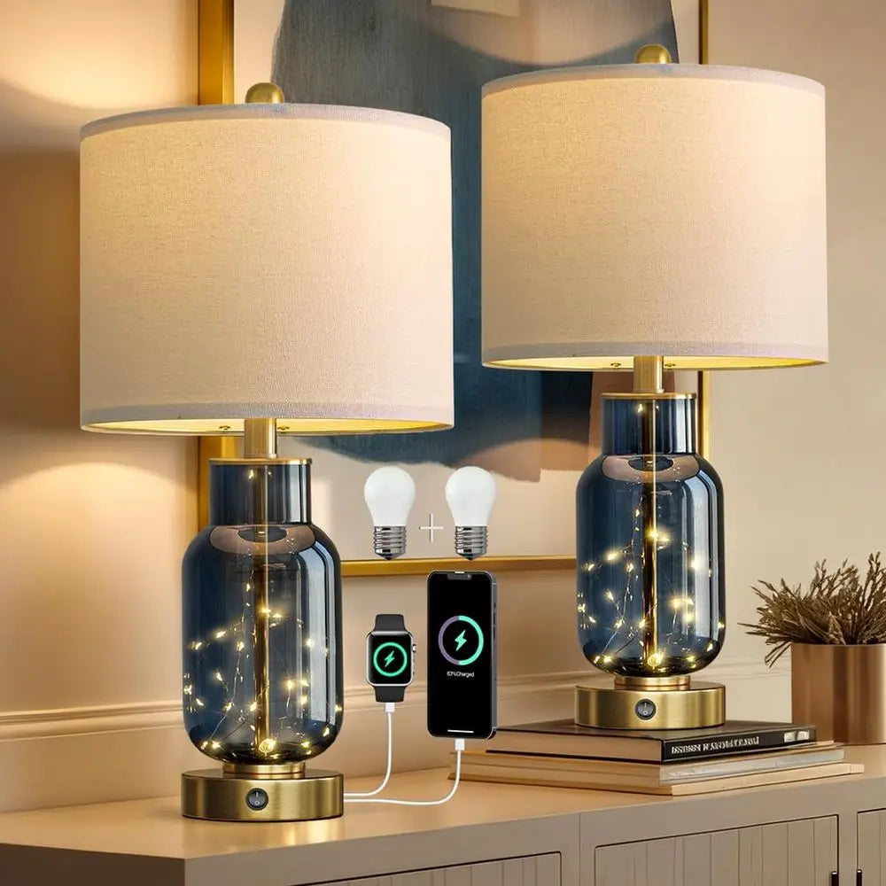 Set of 2 Blue Glass Table Lamps with LED Night Lights, USB Ports for Living Room, Bedroom, Study, and End Tables (2 Bulbs Includ