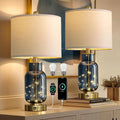 Set of 2 Blue Glass Table Lamps with LED Night Lights, USB Ports for Living Room, Bedroom, Study, and End Tables (2 Bulbs Includ