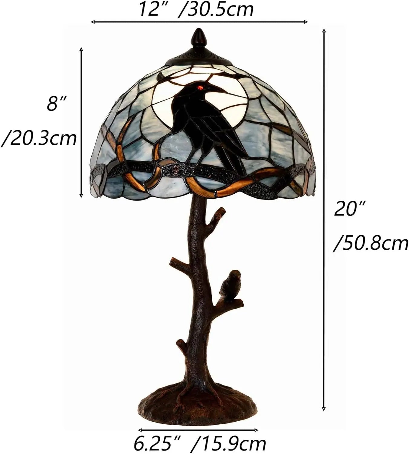 Tiffany Style Stained Glass Table Lamp with Raven on Tree Branch, Dark Blue for Home Decor