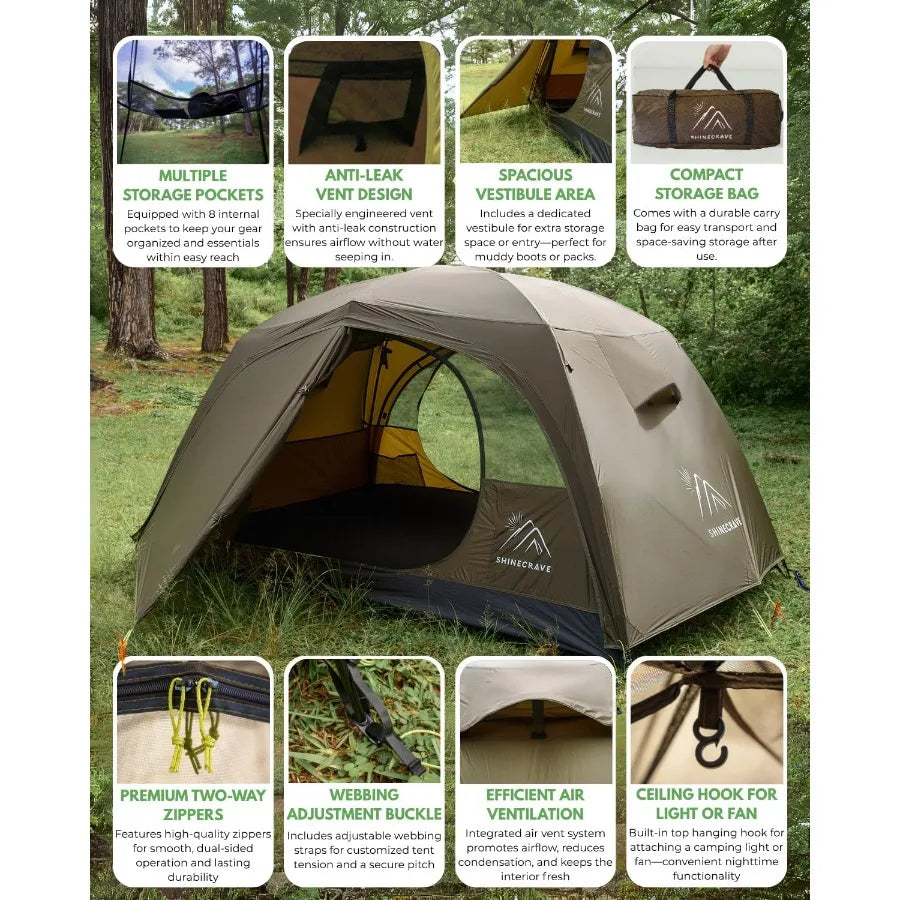 2 Person Ultra Large Capacity Camping Tent Made of 20D Nylon with PU3000mm Waterproofing Lightweight Free Standing Design for 3