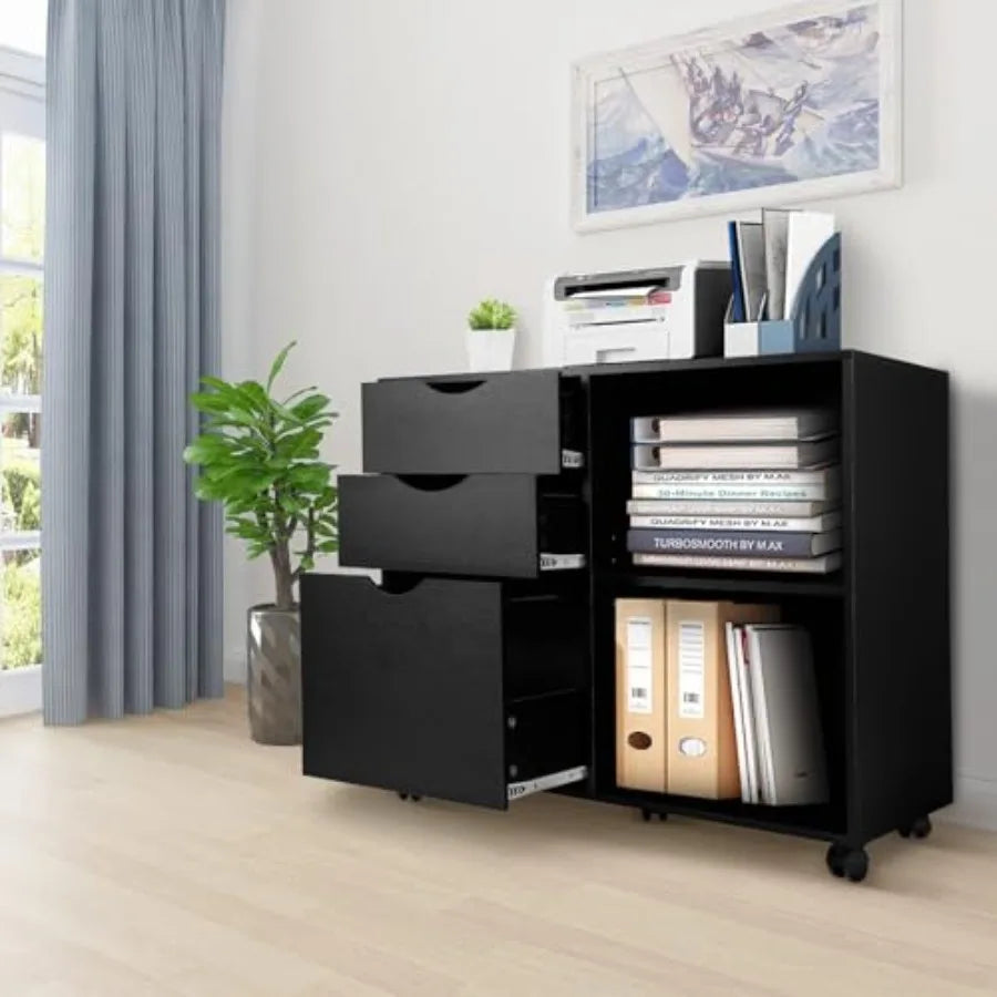 3-Drawer with Shelf Wood File Cabinet Mobile Lateral Filing Cabinet with Rolling Wheel Printer Stand and Open Adjustable Storag