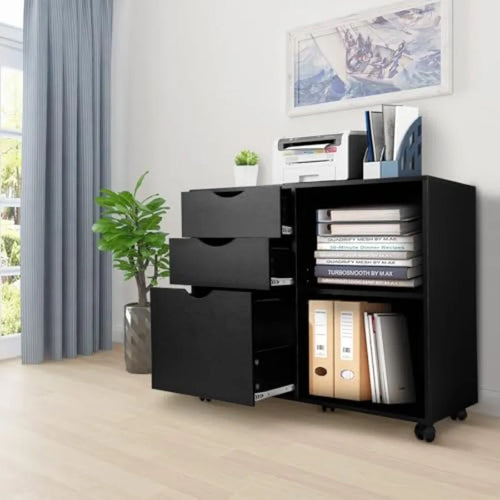 3-Drawer with Shelf Wood File Cabinet Mobile Lateral Filing Cabinet with Rolling Wheel Printer Stand and Open Adjustable Storag