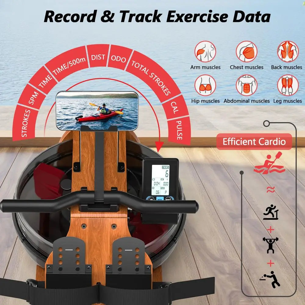 Rowing Machine for Home Use, Wooden Foldable Rower Machine with Dedicated Monitor amp Bluetooth APP, Large Water Tank amp Comfo