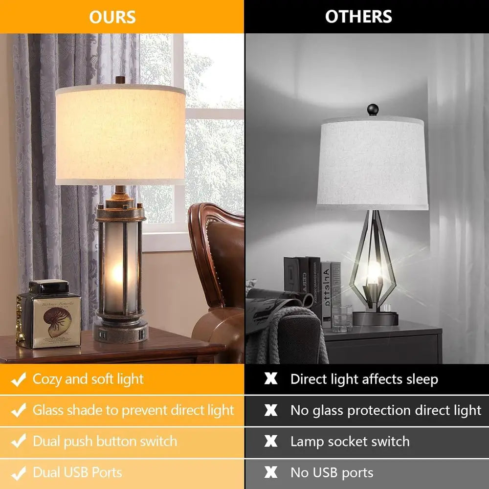 Rustic Vintage Table Lamp with 2 USB Ports, Glass Night Light, 4 Bulbs, Bronze Finish