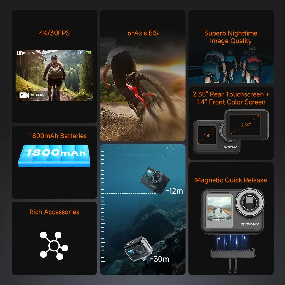 SVBONY SVGo3 Action Camera 4K30 Waterproof Dual LCD Screens Sports Camera with Quick Release Mount for Surfing Cycling Vlog