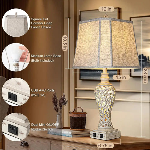28.5 Dual Table Lamp Set with Fabric Shades - Ideal for Bedrooms and Living Rooms, USB & Nightlight Features