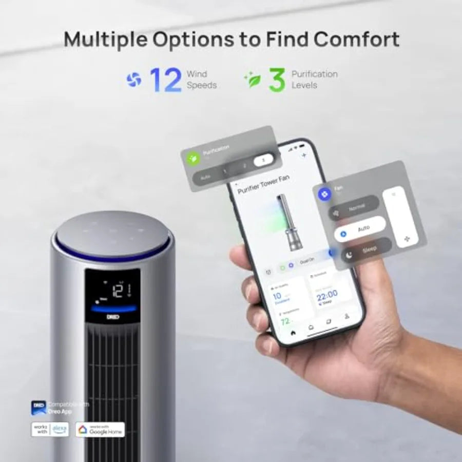 Bedroom tower fan, ABS plastic, silver blue, 2-in-1 air purifier and fan with 27ft/s velocity, 120 oscillation, 24H timer, 25dB