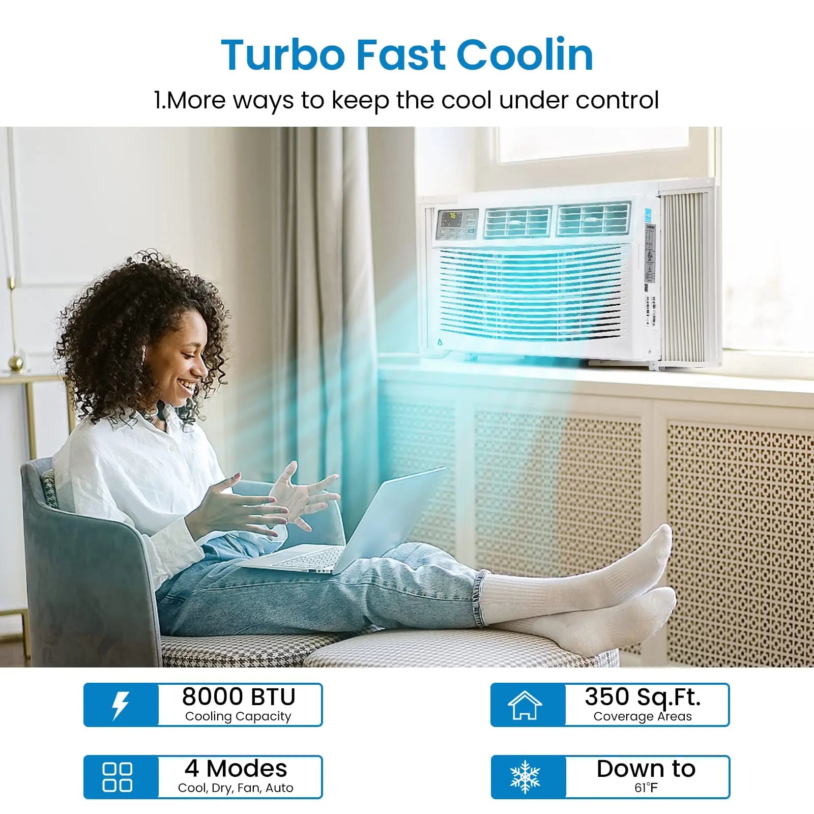 6000 BTU Window Air Conditioner, Smart WiFi AC Unit with Remote Control & Digital Display, Quiet Cooling for Small Rooms up to 250 Sq. Ft., Dehumidifier & Fan Modes, Easy Installation, White