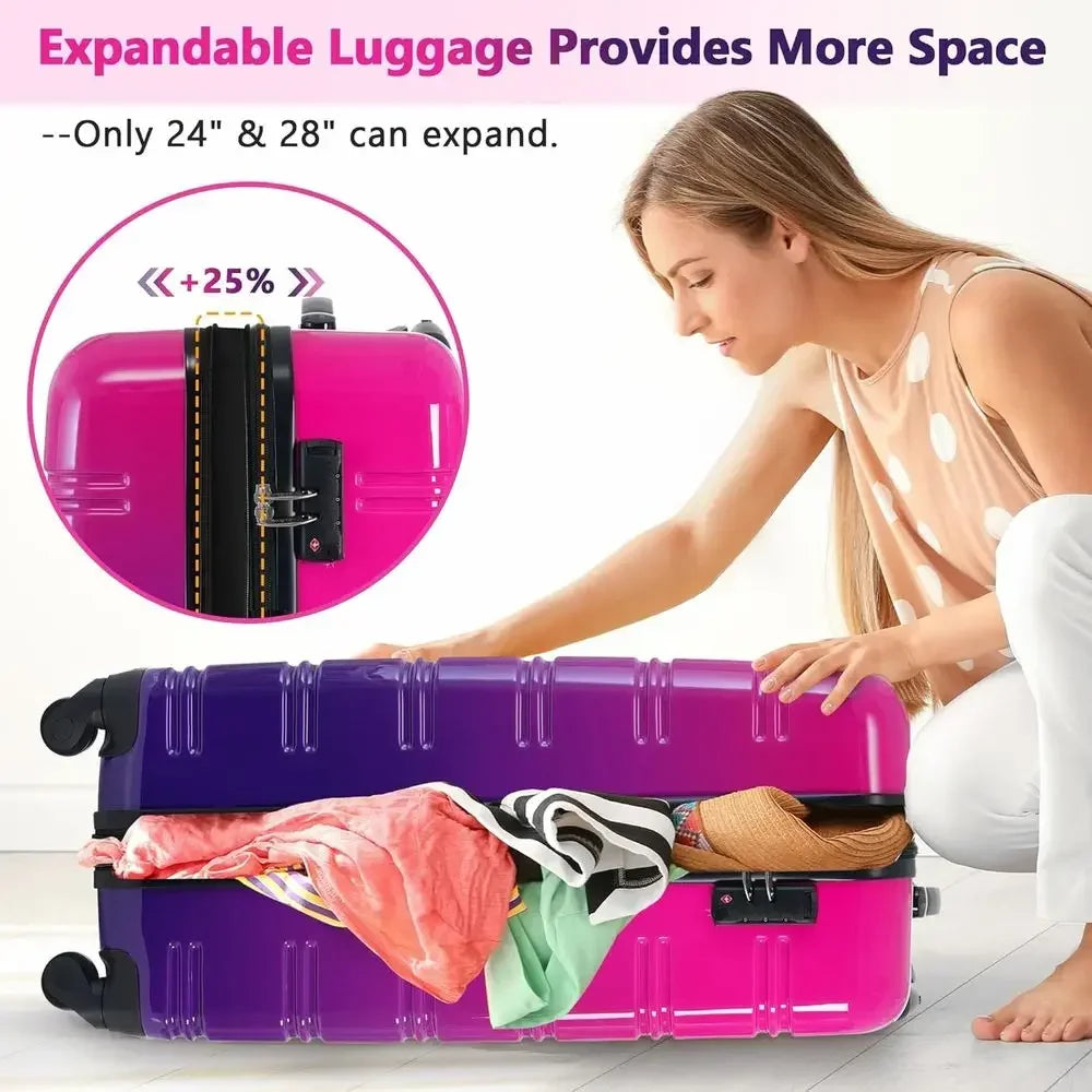 3-Piece Hardshell Luggage Set with Spinner Wheels, Expandable Gradient Color, TSA Lock, Lightweight 20 24 28, Purple and Pink