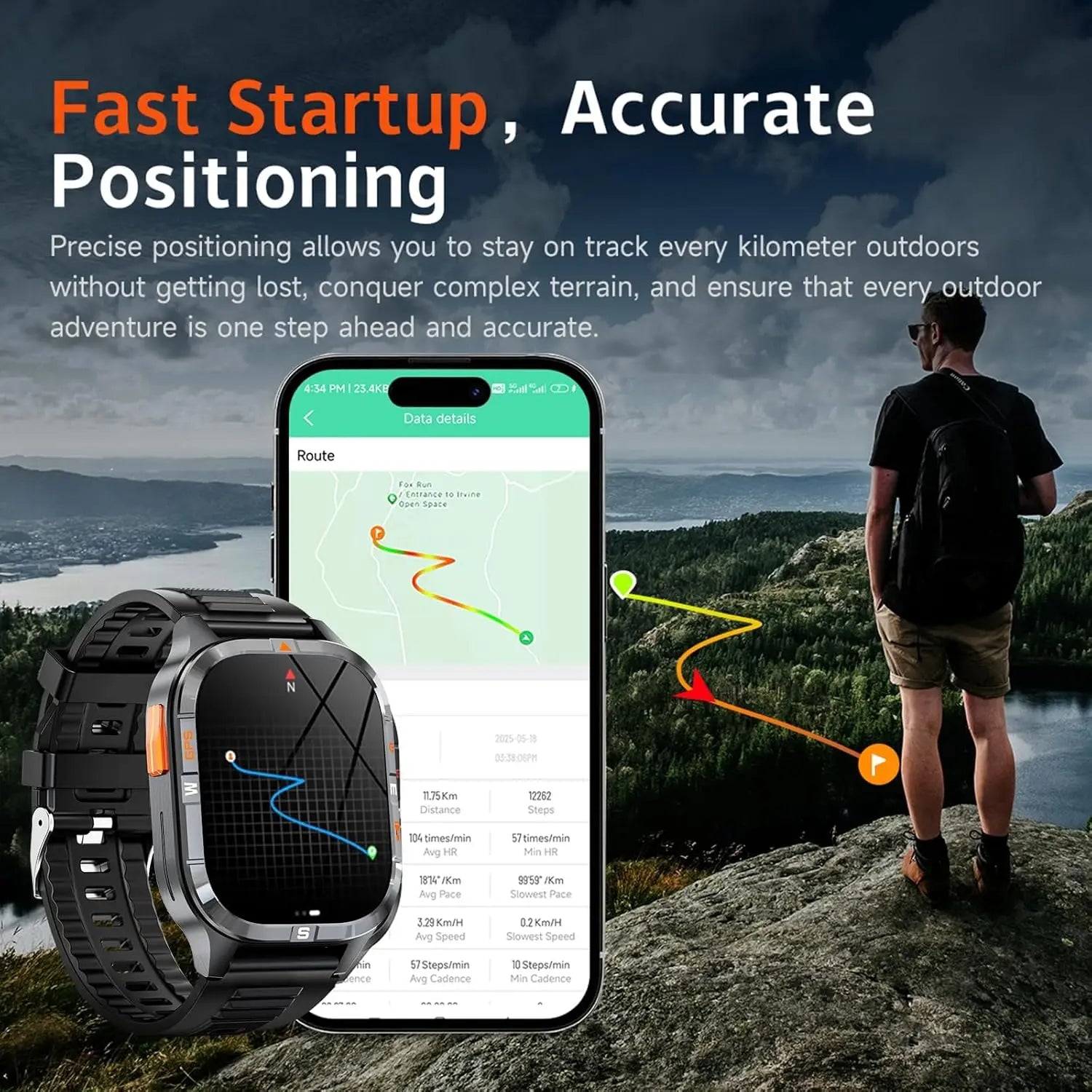 Military GPS Smart Watch with Compass, Altitude, Flashlight, HD Screen, Voice Assistant, Bluetooth Calling for Android iOS