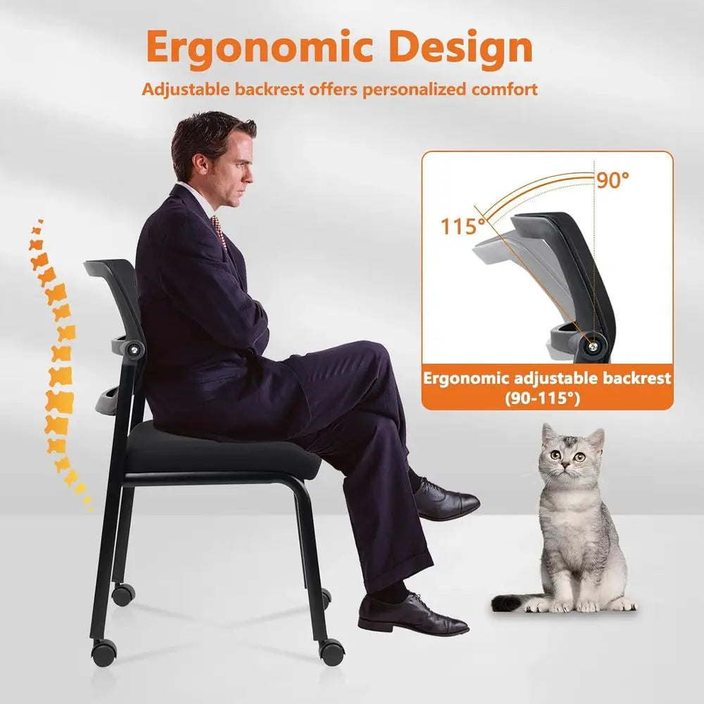 Adjustable Mesh Backrest Stacking Office Chair with Wheels, Ergonomic Lumbar Support, Leather Seat Cushion for Conference, Lobby