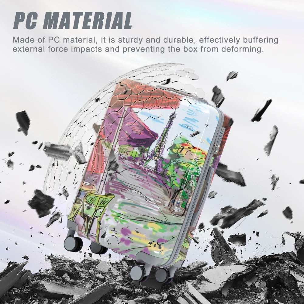 20/24/28 3 pcs/set in PC Spinner Wheel Luggage, Carry on Suitcase, With Printed pattern and Combination Lock (Coffee+Iron Tower)