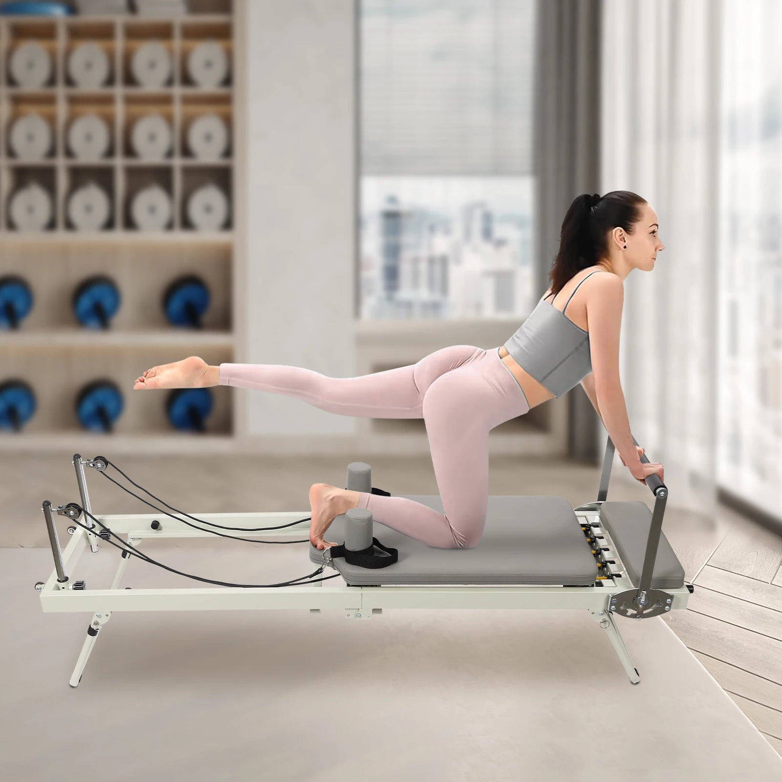Foldable Pilates Reformer Machine,  Pilates Exercise Equipment，Stylish Gray Multifunctional Yoga and Fitness Bed