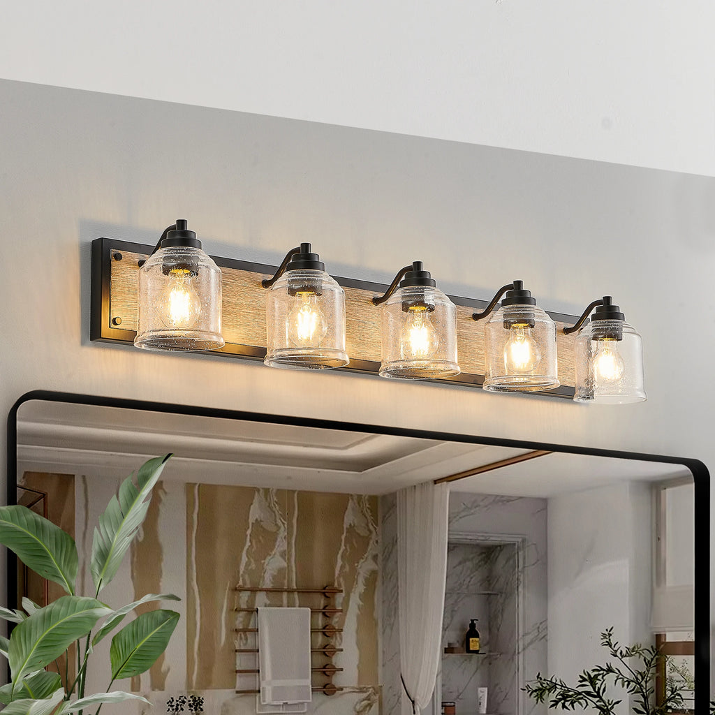 Modern 5-Light Vanity Light Bracket Light Wall Source Black Finish with Clear Seeded Glass Shade for Bathroom Powder Room Mirror