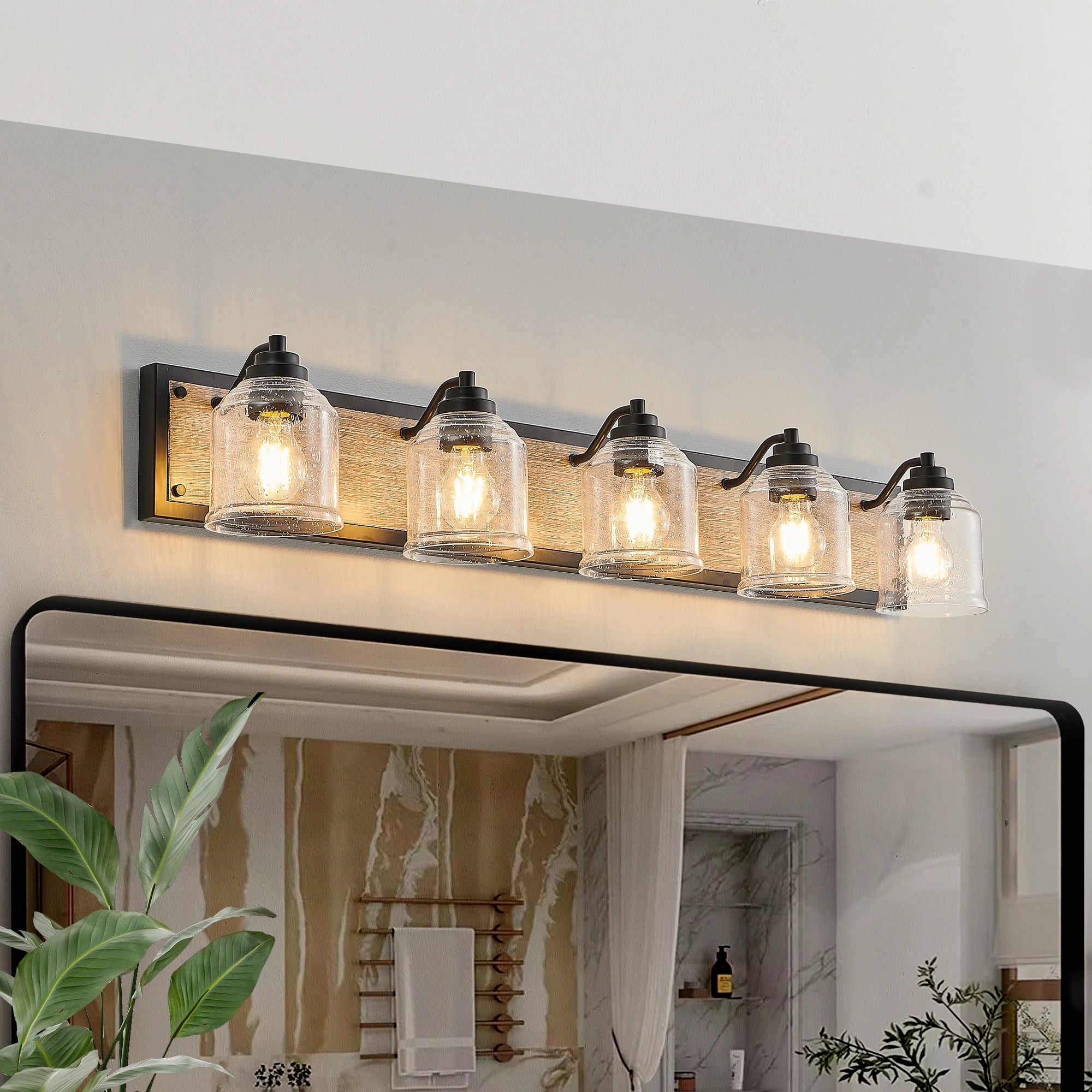 Modern 5-Light Vanity Light Bracket Light Wall Source Black Finish with Clear Seeded Glass Shade for Bathroom Powder Room Mirror