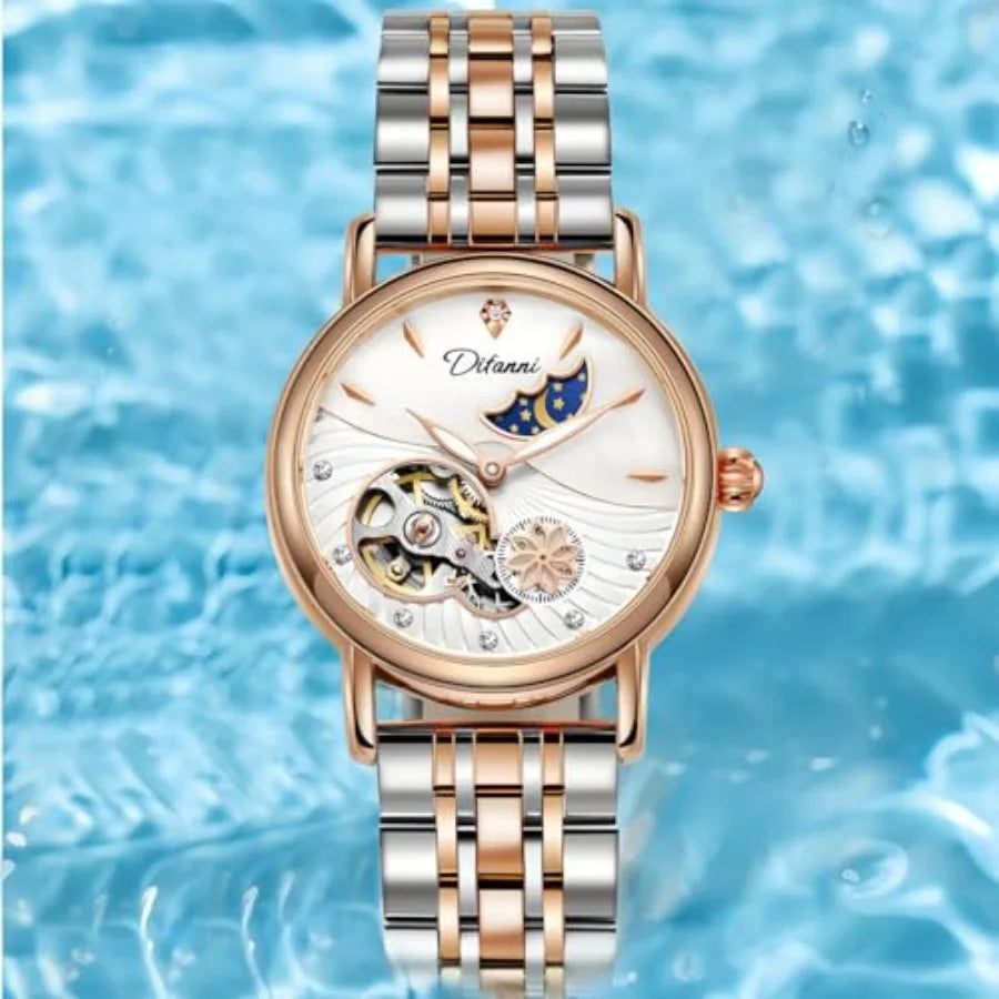 Womens Automatic Mechanical Stainless Steel Moonphase Watches Leather Strap Self-Winding Pearl Skeleton dial Waterproof Ladies