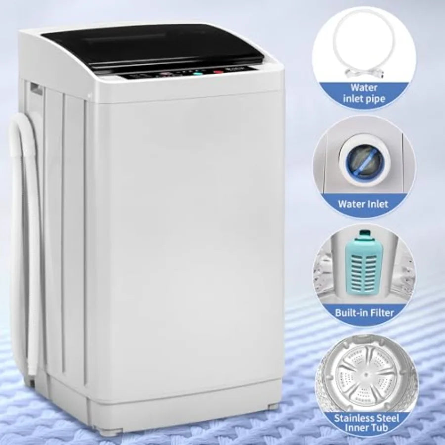 1.5 Cu.Ft Full-Automatic Washing Machine 17.8 lbs Compact Portable Washer with Stainless Steel Drum 8 Programs 5 Water Levels C