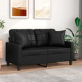 Contemporary 2-Person Sofa in Black Faux Leather with Cushioned Arms and Pillows, Metal Frame for Lounge, Living Room, Office