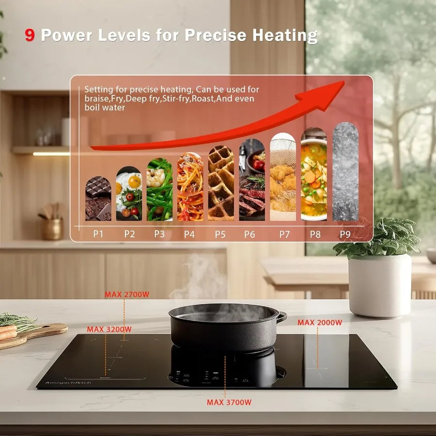 30 Inch Induction Cooktop - 4 Burner Built-In Electric Stove with Bridge-SYNC Booster Timer Child Lock 9000W 220-240V Hardwired