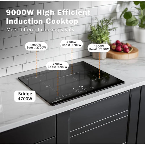30 Inch Induction Cooktop - 4 Burner Built-In Electric Stove with Bridge-SYNC Booster Timer Child Lock 9000W 220-240V Hardwired