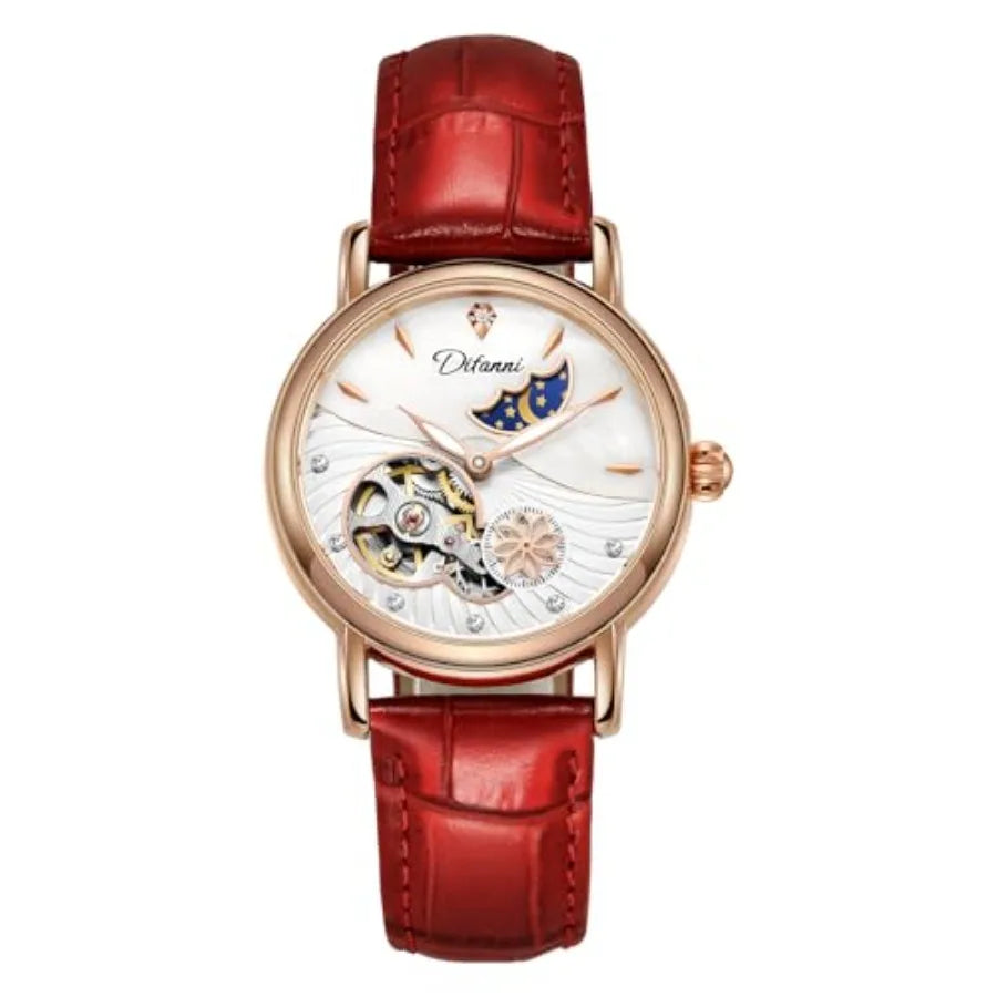 Womens Automatic Mechanical Stainless Steel Moonphase Watches Leather Strap Self-Winding Pearl Skeleton dial Waterproof Ladies