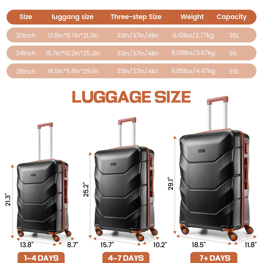 3pcs Luggage Set ABS Hardshell Suitcase With Spinner Wheel TSA Lock Side Hook Carry On Luggage For Business Trip 20/24/28 Inch