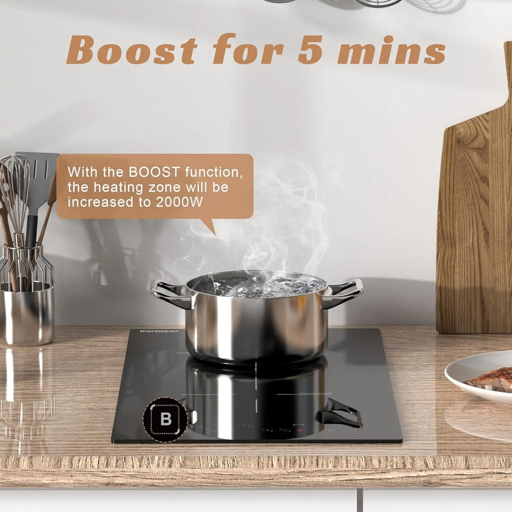 Karinear Induction Hob 29CM 2 Burner Drop In Electric Cooktop, Black Ceramic Glass with Booster, Timer,Safetylock Function, 230V