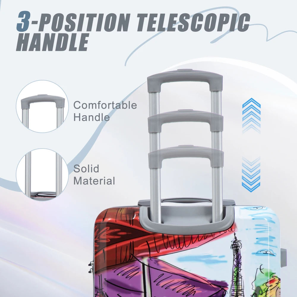 20/24/28 3 pcs/set in PC Spinner Wheel Luggage, Carry on Suitcase, With Printed pattern and Combination Lock (Coffee+Iron Tower)