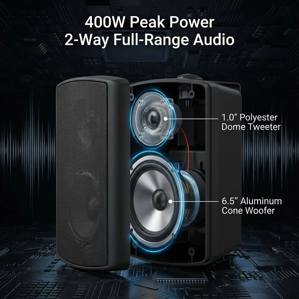 Herdio 6.5 Inch Outdoor Bluetooth Speaker 400W Waterproof Weather Resistant for Patio Garage Home Indoor Outdoor