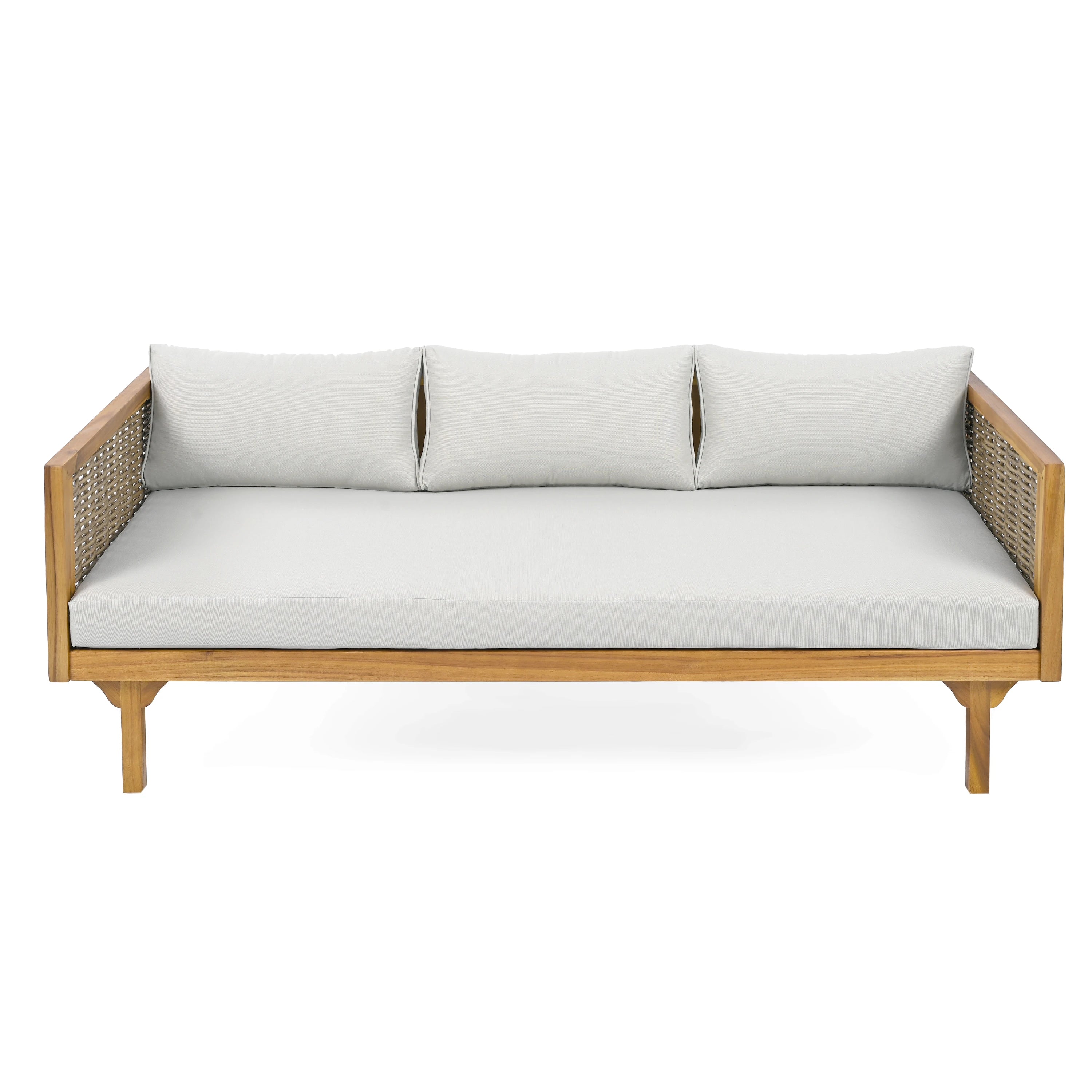 3 Seater Sofa Acacia Wood Outdoor Daybed Convertible Bed with Rattan Arm Cushion Pillow for Patio Garden