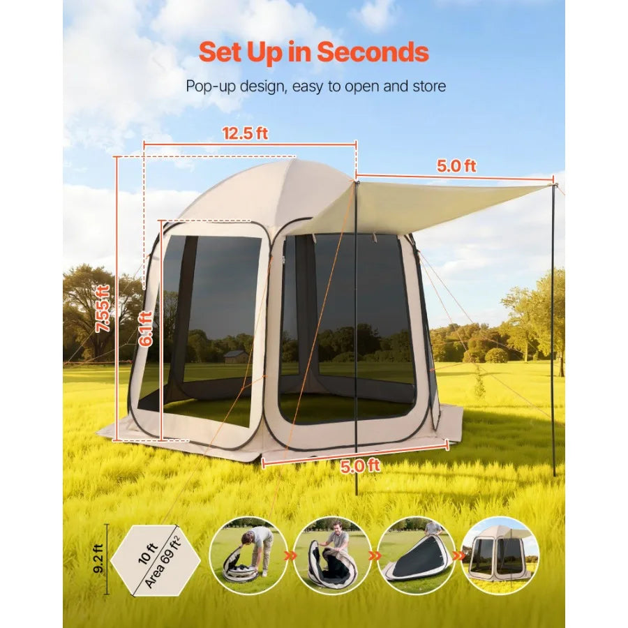 Screen House Tent 10 x 9.2 ft Beige 4-8 Person Pop Up Screened Canopy with Extended Awning Netting Sides Portable for Patio Bac