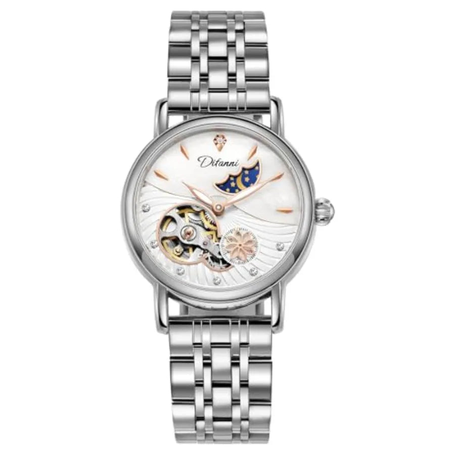 Womens Automatic Mechanical Stainless Steel Moonphase Watches Leather Strap Self-Winding Pearl Skeleton dial Waterproof Ladies