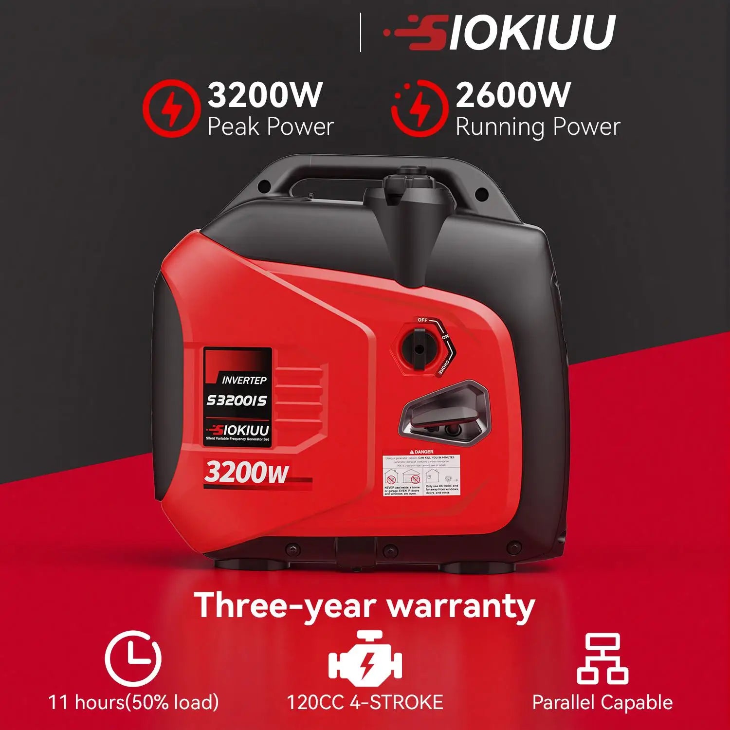 3200W Portable Inverter Generator operating power 2600W, EPA, Ultra Quiet, CO Alarm, Parallel Ready, Camping RV Home Emergency