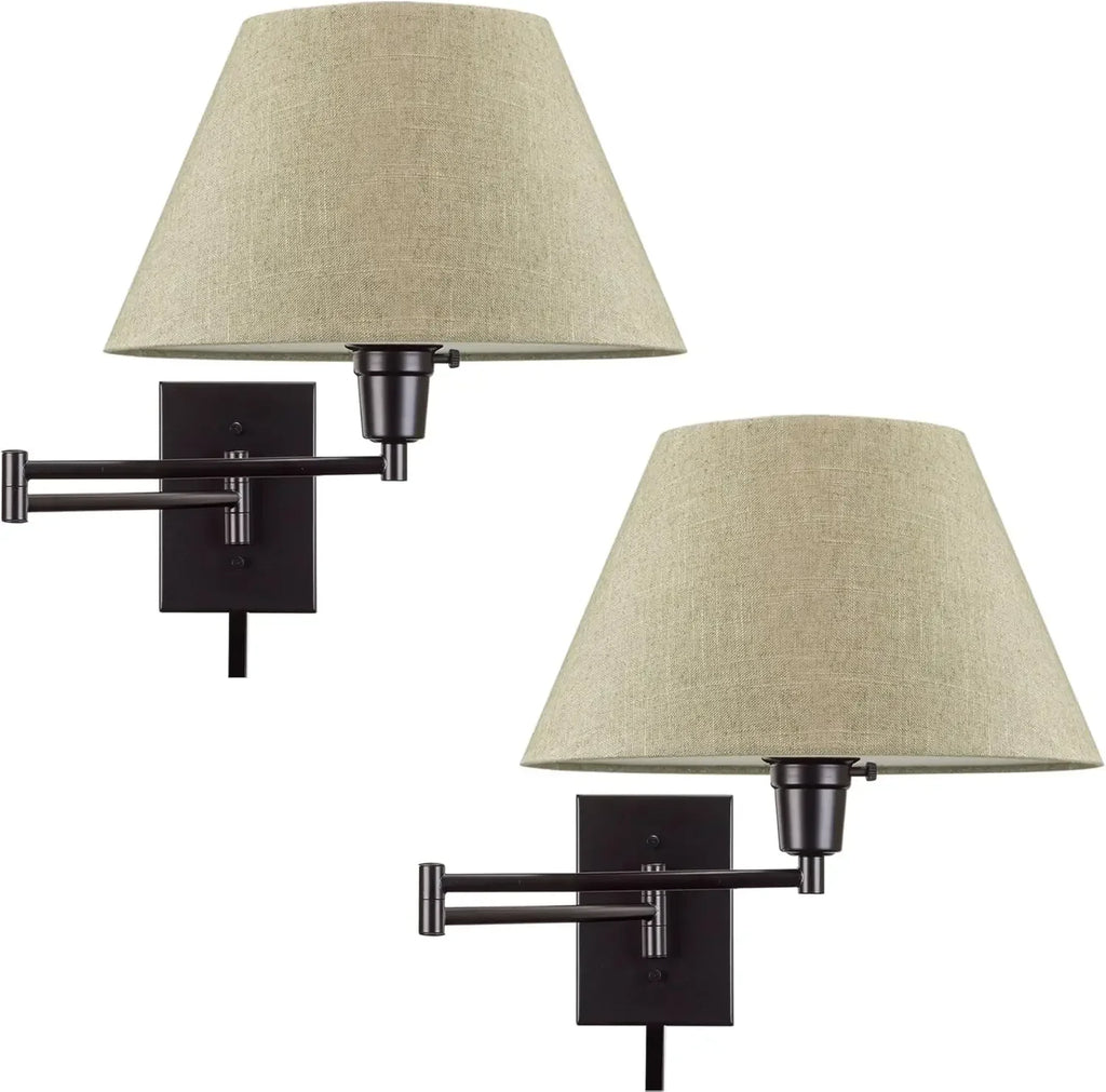 Cambridge 15" Swing Arm Wall Lamp - Plug in/Wall Mount + Latte Mocha Fabric Shade, 150W 3-Way + Cord Covers, Black Finish, 2-Pac
