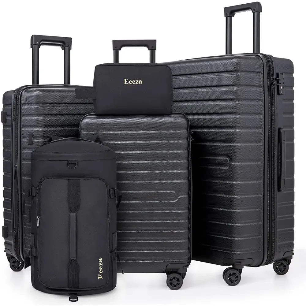 Expandable 21-30 Inch 5-Piece Luggage Set with ABS Shell, TSA Lock, and Spinner Wheels - Black