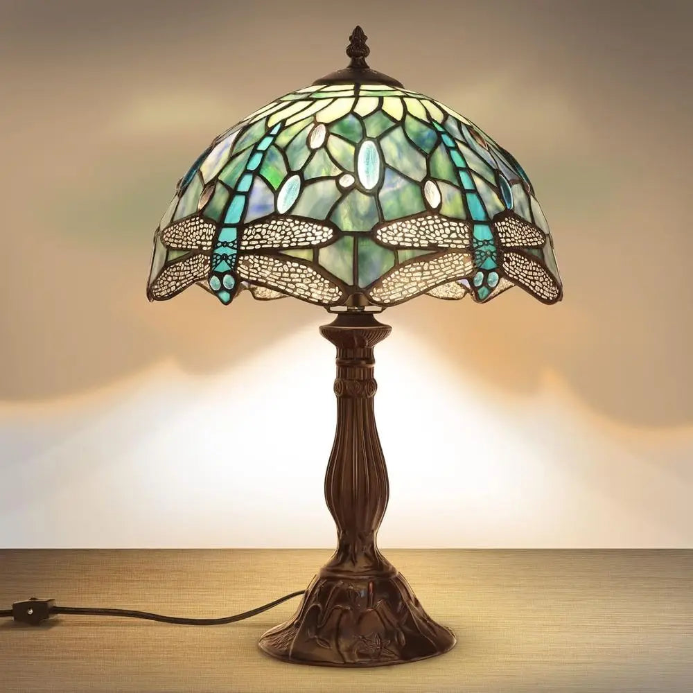 Vintage 18'' Stained Glass Table Lamp for Bedroom or Living Room, Includes LED Bulb (2700K E26)