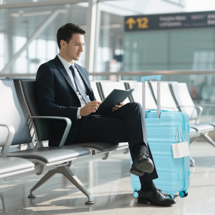 Travel luggage set for tourists: 20/24/28 ABS spinner wheel suitcases with carry-on size, matching blue color, and combination
