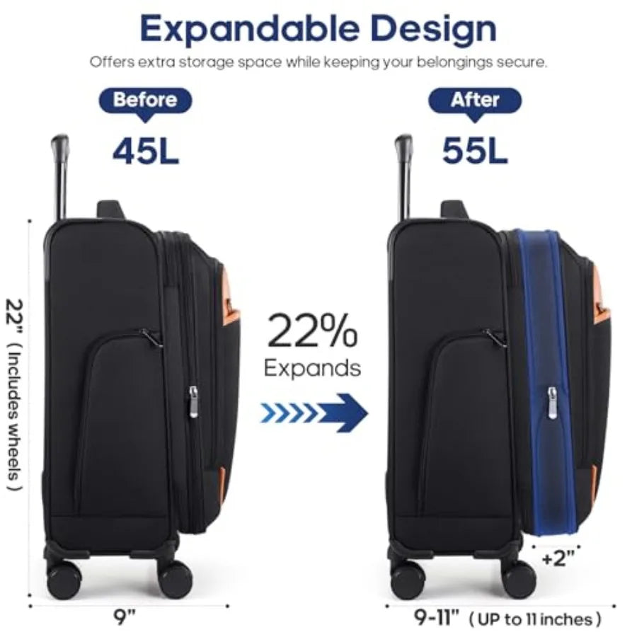 Softside Expandable Carry On Luggage 22x14x9 Airline Approved 20 Inch Suitcase with Wheels and TSA Lock Travel Suitcase with 4-