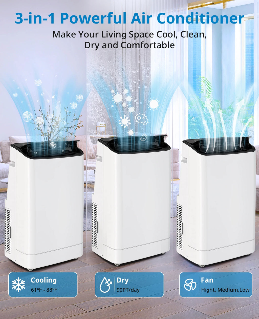 14000BTU Portable Air Conditioner, 3-in-1 Cooling Fan Dehumidifier, Remote Control & Window Mount Kit, Energy Efficient for Home