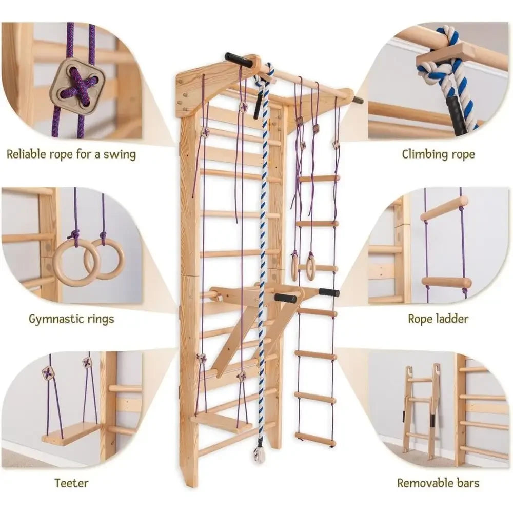 Wooden Wall Ladder with Pull-Up and Dip Station - Multifunctional Home Gym Equipment for Strength and Stretching