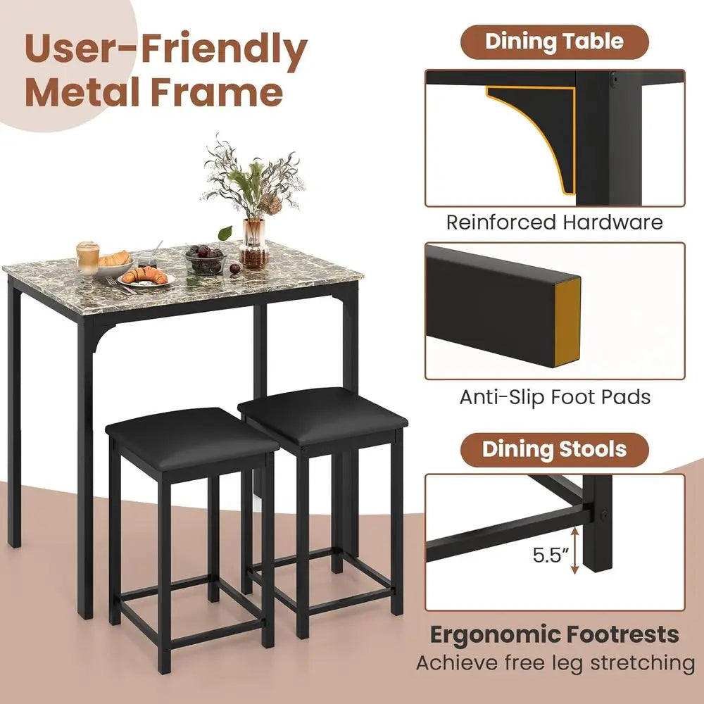 3-Piece Marble-Top Dining Set with 2 Chairs, Modern for Home or Hotel Dining