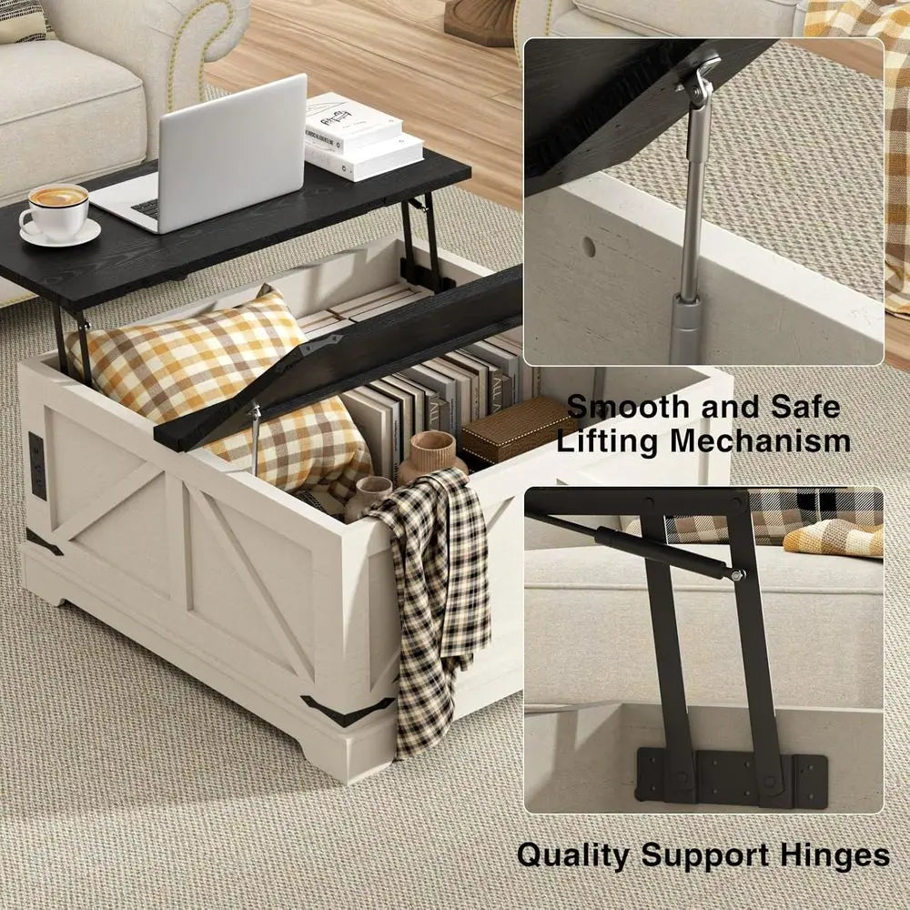 White 35.4 Wide Storage Coffee Table with Lift Top and Charging Station
