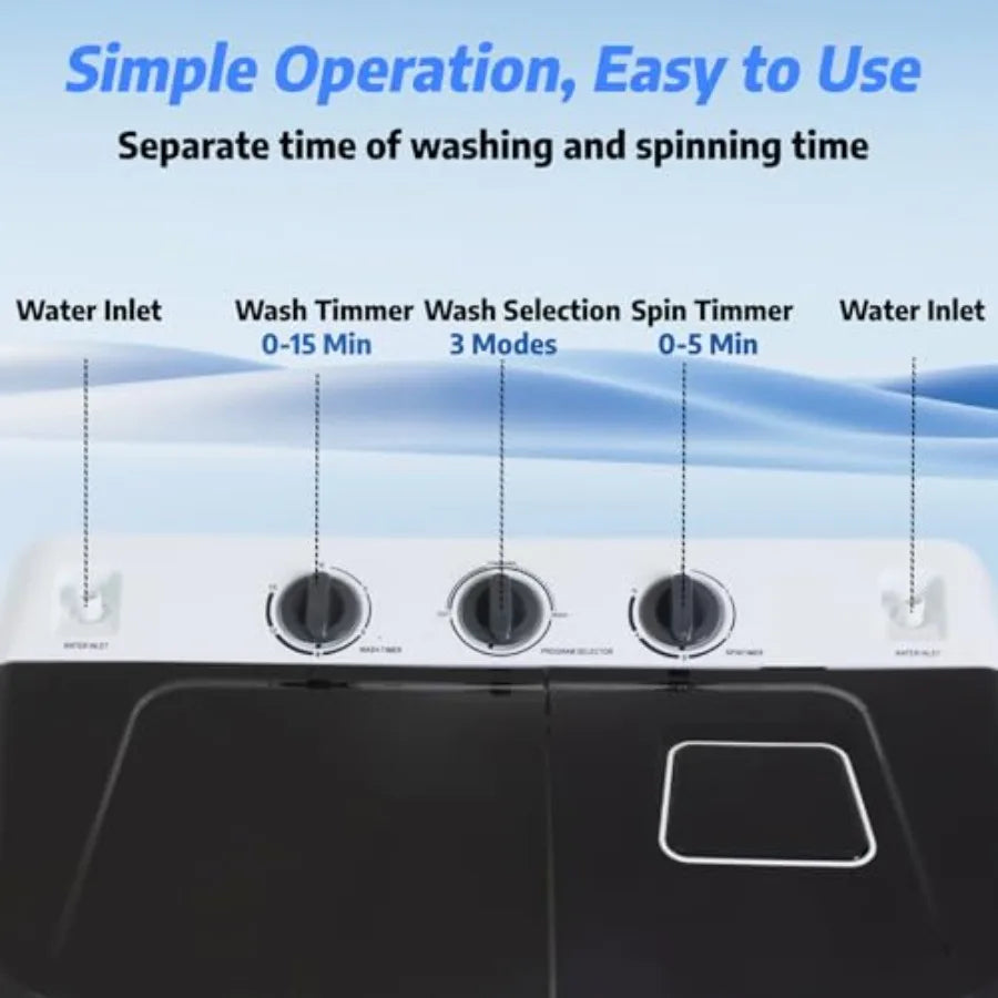 Portable 30Lbs Twin Tub Washing Machine Washer and Dryer Combo Compact Laundry Machine with Drain Pump Time Control Semi-Automa